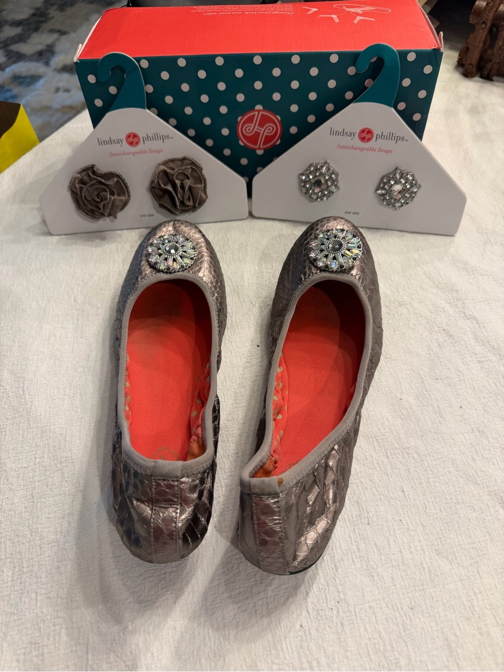lindsay phillips Quilted Metallic Ballet Flats with Jeweled Medallion in Silver
